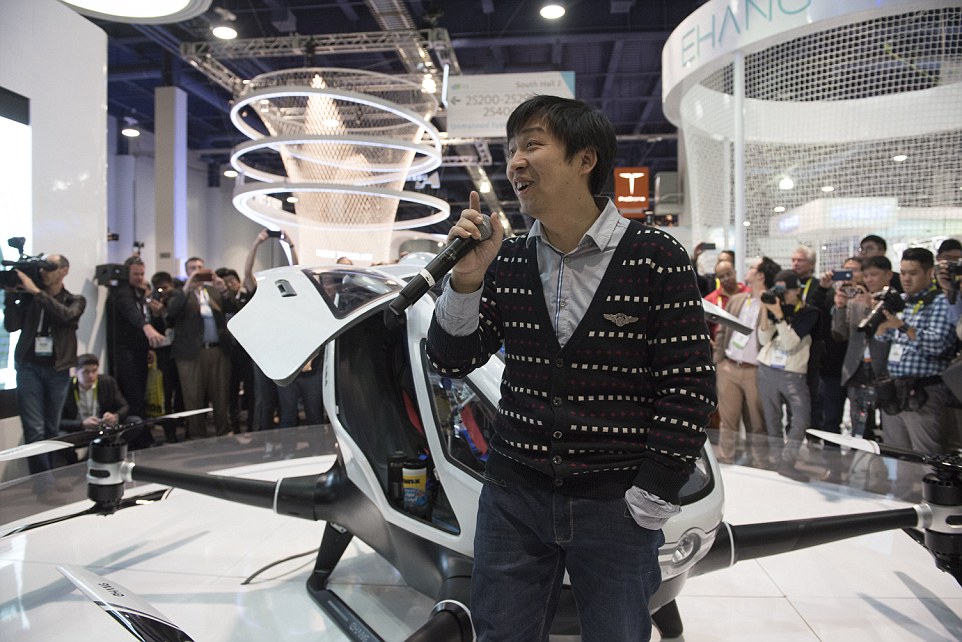 President/CEO Hu Huazhi of EHang unveils the 184 Autonomous Aerial Vehicle at CES Las Vegas from the Las Vegas Convention Center in Las Vegas, Nev., on Wednesday Jan. 6, 2015. (Martin S. Fuentes for DailyMail.com)