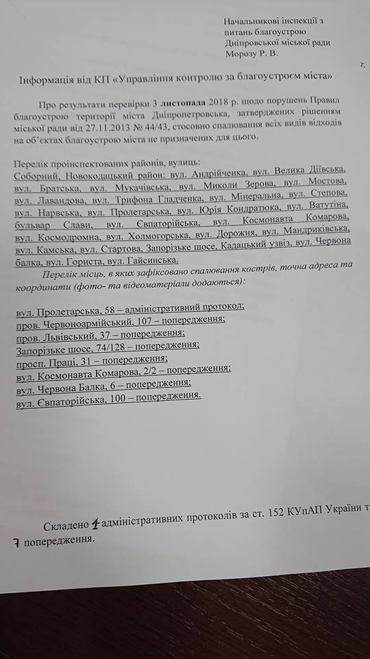 В Днепре обнародовали список поджигателей листьев. Новости Днепра