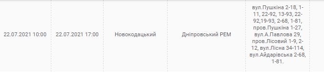 Отключение света 22 июля 2021 (Адреса) - новости Днепра