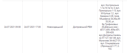 Отключение света 24 июля 2021- новости Днепра